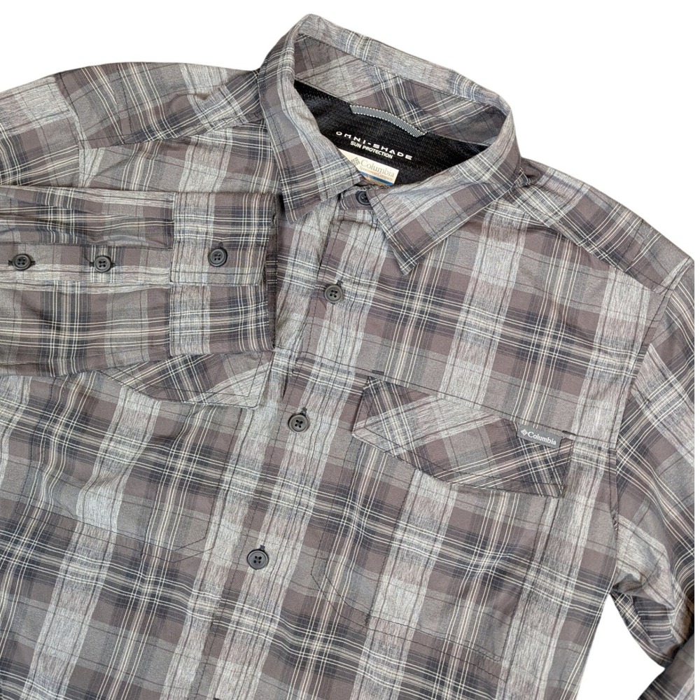 Columbia Omni-Shade Gray Plaid Long Sleeve Sun Protection Shirt Men Small Vented